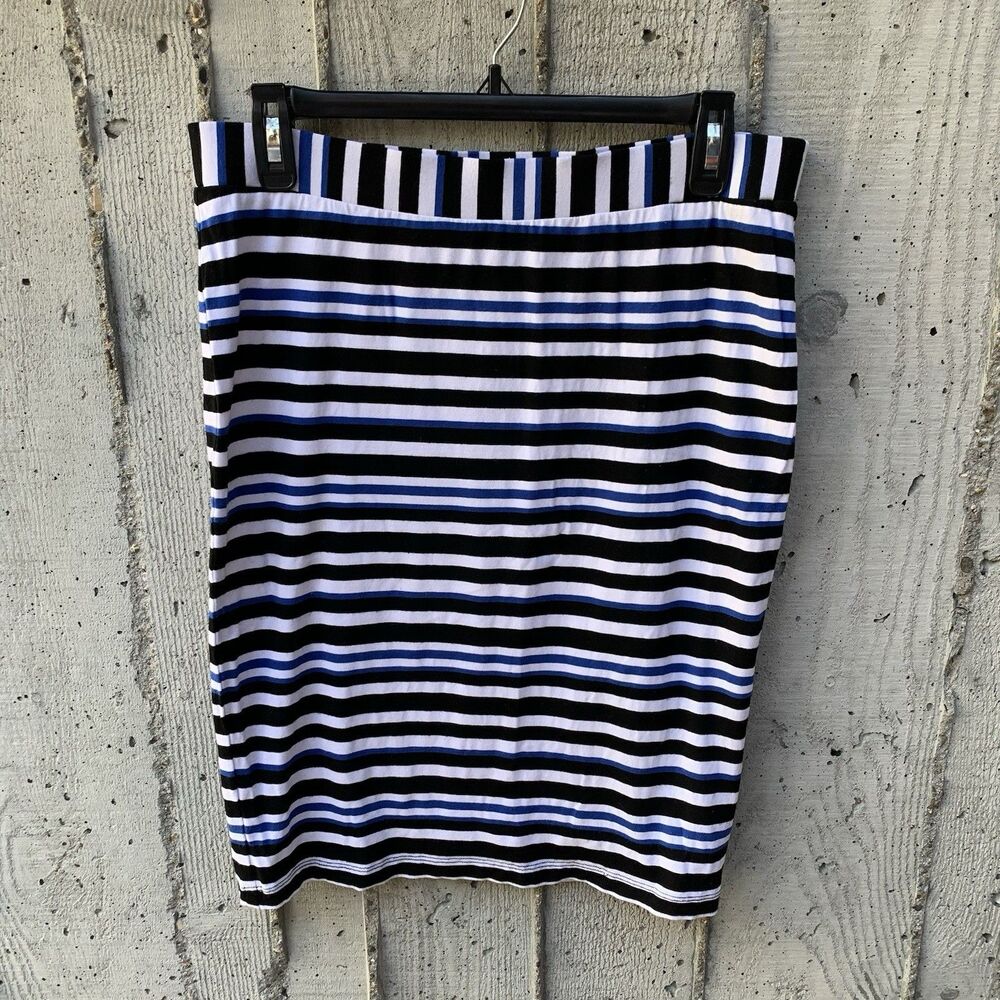 Trina Turk Blue and Black Striped Pencil Skirt Jersey Knit Preppy Nautical Sz L